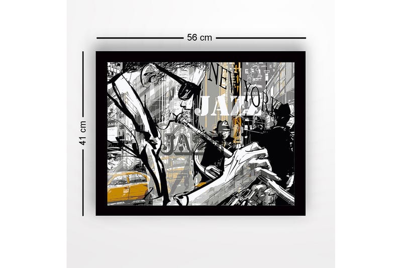 Indrammet lærredstryk i træ - 41x56 cm - Jazzmusikere i et livligt bymiljø - Sort / Grå / Gul - Boligtilbehør - Billeder & kunst