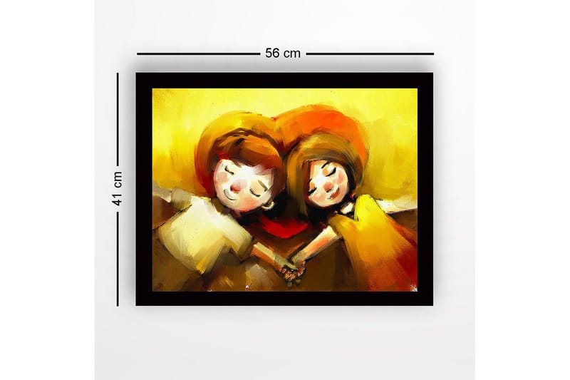Indrammet lærredstryk i træ - 41x56 cm - Kærligt par holder hinanden i hænderne under et hjerteformet motiv - Gul / Orange / Brun - Boligtilbehør - Billeder & kunst