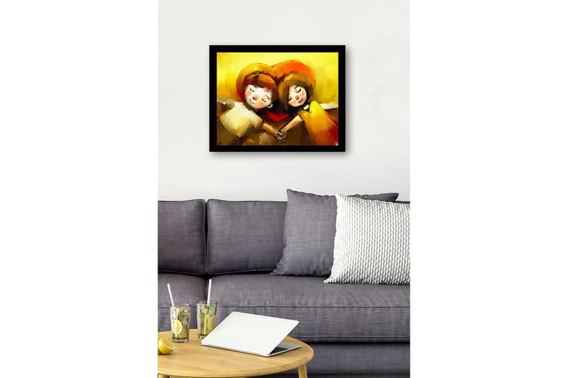 Indrammet lærredstryk i træ - 41x56 cm - Kærligt par holder hinanden i hænderne under et hjerteformet motiv - Gul / Orange / Brun - Boligtilbehør - Billeder & kunst