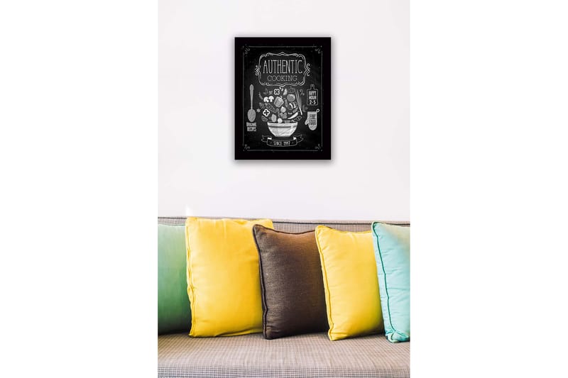 Indrammet lærredstryk i træ - 41x56 cm - Køkkenskilt med en skål fyldt med grøntsager og køkkenredskaber - Hvid / Sort - Boligtilbehør - Billeder & kunst