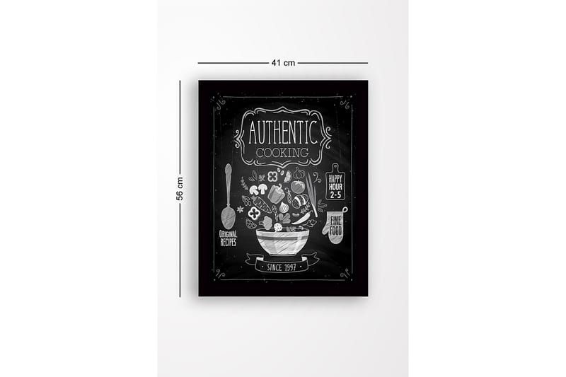 Indrammet lærredstryk i træ - 41x56 cm - Køkkenskilt med en skål fyldt med grøntsager og køkkenredskaber - Hvid / Sort - Boligtilbehør - Billeder & kunst