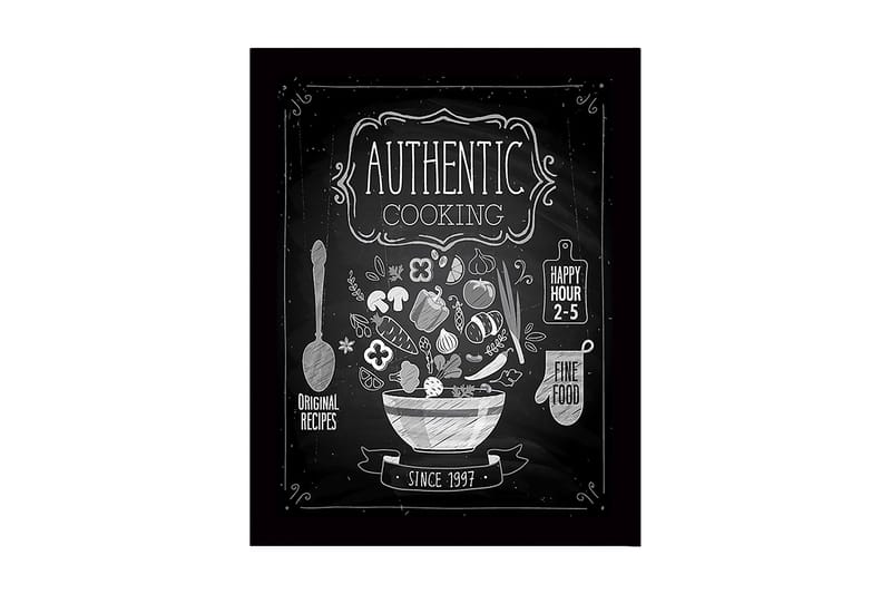 Indrammet lærredstryk i træ - 41x56 cm - Køkkenskilt med en skål fyldt med grøntsager og køkkenredskaber, Hvid / Sort