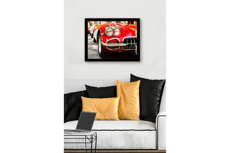 Indrammet lærredstryk i træ - 41x56 cm - Klassisk rød sportsvogn med skinnende kromdetaljer - Rød / Krom / Sort - Boligtilbehør - Billeder & kunst