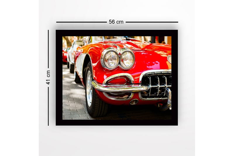 Indrammet lærredstryk i træ - 41x56 cm - Klassisk rød sportsvogn med skinnende kromdetaljer - Rød / Krom / Sort - Boligtilbehør - Billeder & kunst