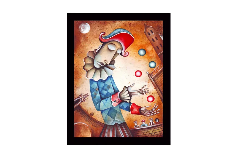 Indrammet lærredstryk i træ - 41x56 cm - Klown jonglerer med farverige bolde, Rød / Blå / Beige