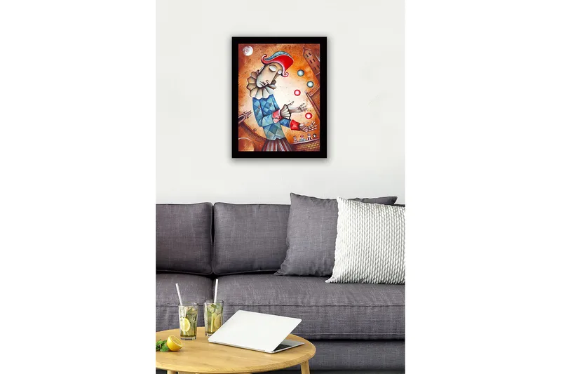 Indrammet lærredstryk i træ - 41x56 cm - Klown jonglerer med farverige bolde - Rød / Blå / Beige - Boligtilbehør - Billeder & kunst