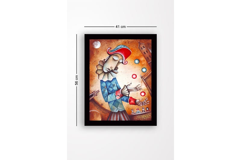 Indrammet lærredstryk i træ - 41x56 cm - Klown jonglerer med farverige bolde - Rød / Blå / Beige - Boligtilbehør - Billeder & kunst