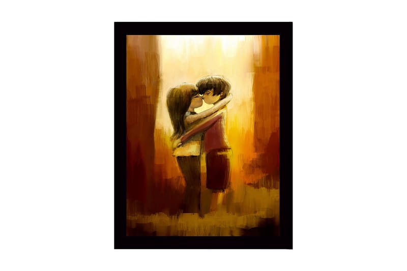 Indrammet lærredstryk i træ - 41x56 cm - Krammende par i en romantisk omfavnelse, Guld / Brun / Beige