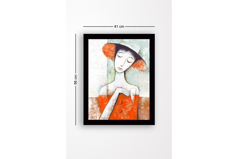 Indrammet lærredstryk i træ - 41x56 cm - Kvinde med hat, der holder et glas, i en farverig komposition - Rød / Hvid / Grøn - Boligtilbehør - Billeder & kunst