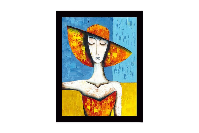 Indrammet lærredstryk i træ - 41x56 cm - Kvinde med stor hat i klare farver, Orange / Blå / Gul