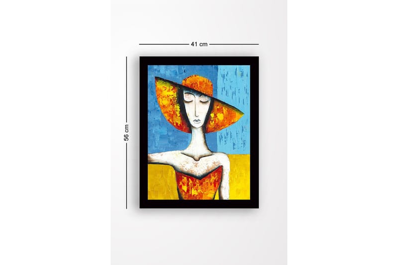 Indrammet lærredstryk i træ - 41x56 cm - Kvinde med stor hat i klare farver - Orange / Blå / Gul - Boligtilbehør - Billeder & kunst