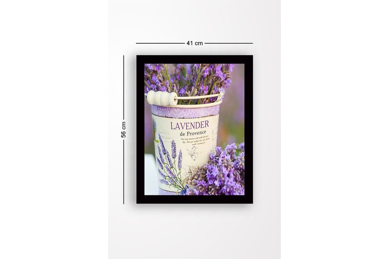 Indrammet lærredstryk i træ - 41x56 cm - Lavendelblomster i en dekorativ potte - Lilla / Hvid / Grøn - Boligtilbehør - Billeder & kunst
