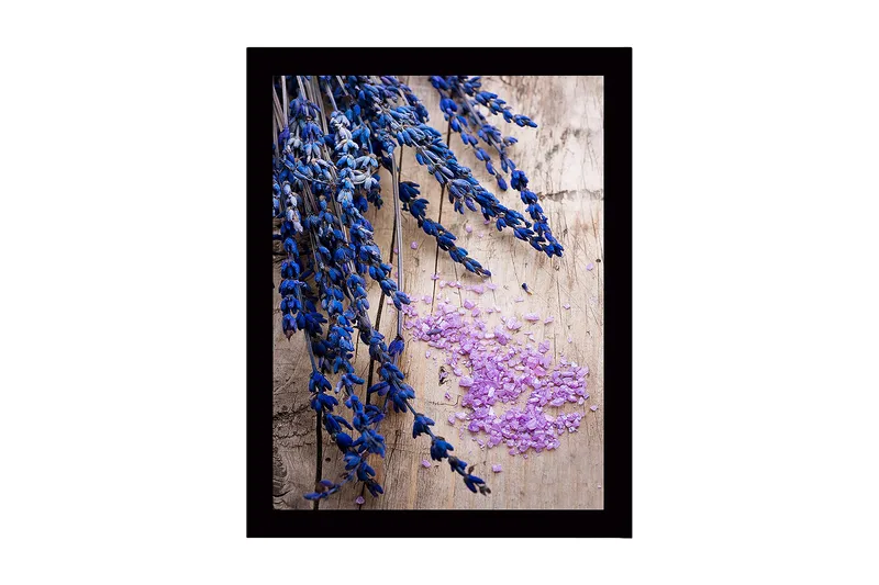 Indrammet lærredstryk i træ - 41x56 cm - Lavendelblomster med lyserøde saltkrystaller, Blå / Lilla