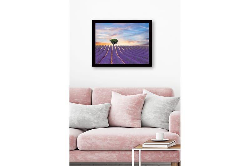 Indrammet lærredstryk i træ - 41x56 cm - Lavendelmark med en ensom trækrone i horisonten - Lilla / Grøn / Beige - Boligtilbehør - Billeder & kunst