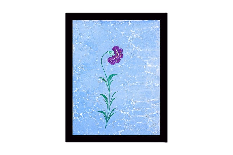 Indrammet lærredstryk i træ - 41x56 cm - Lilla blomst med grønne blade på en lyseblå baggrund, Lilla / Grøn / Lyseblå