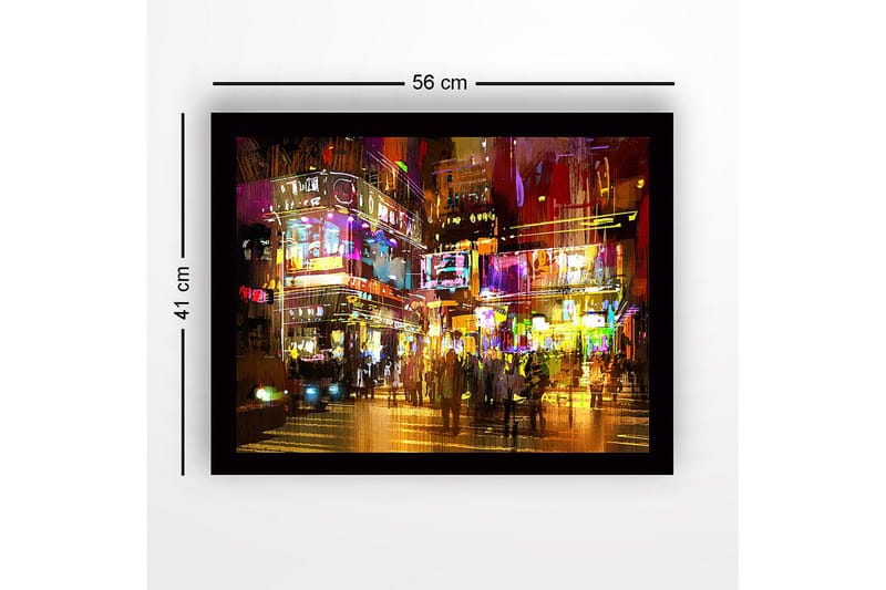 Indrammet lærredstryk i træ - 41x56 cm - Livlig byscene med neonlys og mennesker i bevægelse - Lilla / Gul / Orange - Boligtilbehør - Billeder & kunst