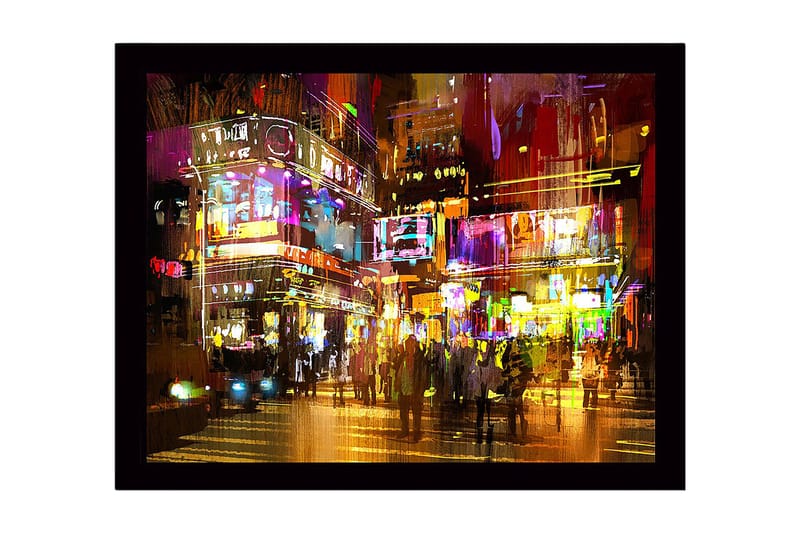 Indrammet lærredstryk i træ - 41x56 cm - Livlig byscene med neonlys og mennesker i bevægelse, Lilla / Gul / Orange