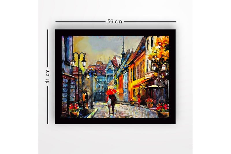 Indrammet lærredstryk i træ - 41x56 cm - Livlig gade med mennesker og paraplyer i et bymiljø - Gul / Rød / Blå - Boligtilbehør - Billeder & kunst