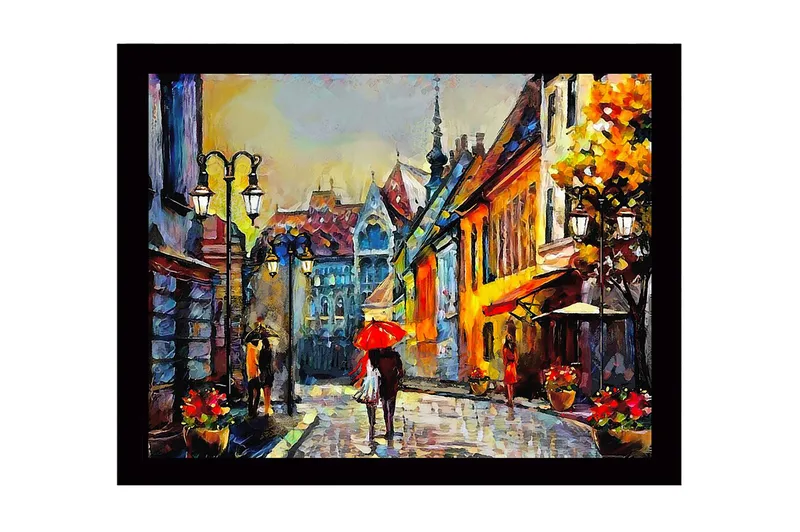 Indrammet lærredstryk i træ - 41x56 cm - Livlig gade med mennesker og paraplyer i et bymiljø, Gul / Rød / Blå
