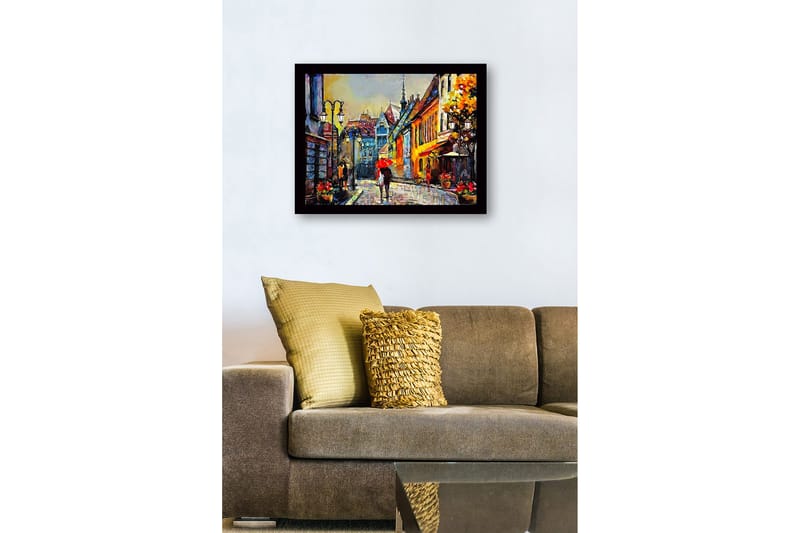 Indrammet lærredstryk i træ - 41x56 cm - Livlig gade med mennesker og paraplyer i et bymiljø - Gul / Rød / Blå - Boligtilbehør - Billeder & kunst