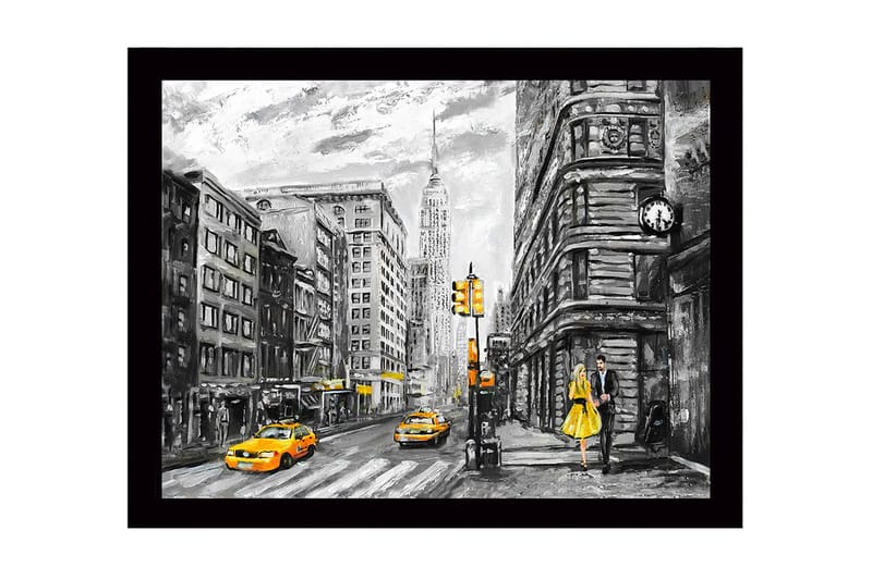 Indrammet lærredstryk i træ - 41x56 cm - Livligt bybillede med en kvinde i gul kjole og gule taxaer, Gul / Sort / Grå