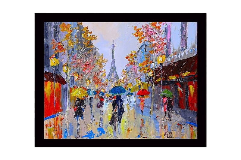 Indrammet lærredstryk i træ - 41x56 cm - Livligt bybillede med mennesker, der bærer paraplyer i regnvejr, Gul / Blå / Rød