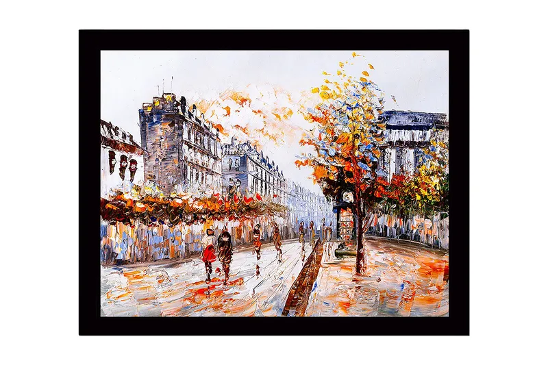 Indrammet lærredstryk i træ - 41x56 cm - Livligt bybillede med mennesker, der går under efterårstræer, Orange / Blå / Grå