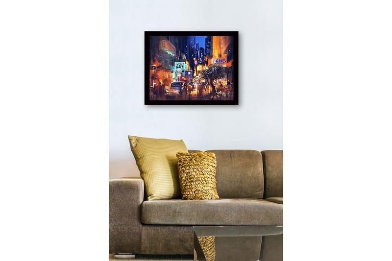 Indrammet lærredstryk i træ - 41x56 cm - Livligt bybillede med natlig atmosfære og mennesker i bevægelse - Mørkeblå / Orange / Hvid - Boligtilbehør - Billeder & kunst