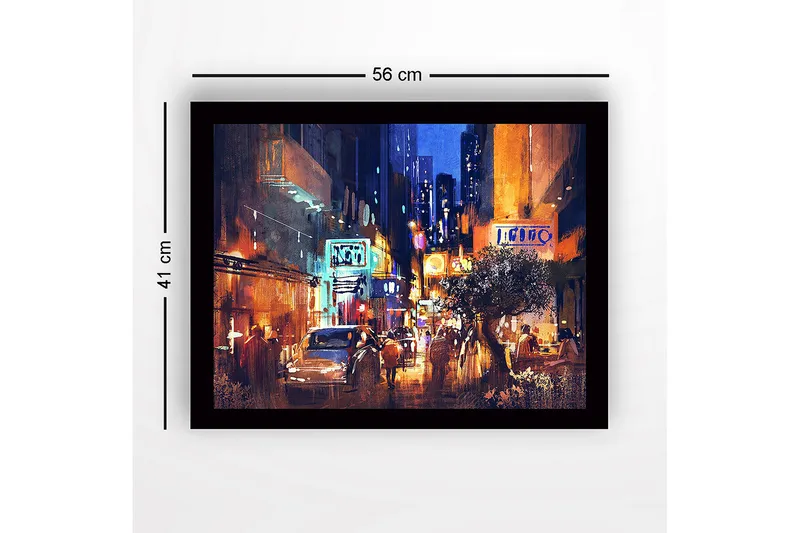 Indrammet lærredstryk i træ - 41x56 cm - Livligt bybillede med natlig atmosfære og mennesker i bevægelse - Mørkeblå / Orange / Hvid - Boligtilbehør - Billeder & kunst