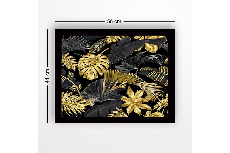 Indrammet lærredstryk i træ - 41x56 cm - Luksuriøs samling af tropiske blade i guld og sort - Guld / Sort - Boligtilbehør - Billeder & kunst