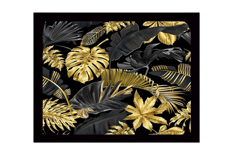 Indrammet lærredstryk i træ - 41x56 cm - Luksuriøs samling af tropiske blade i guld og sort, Guld / Sort