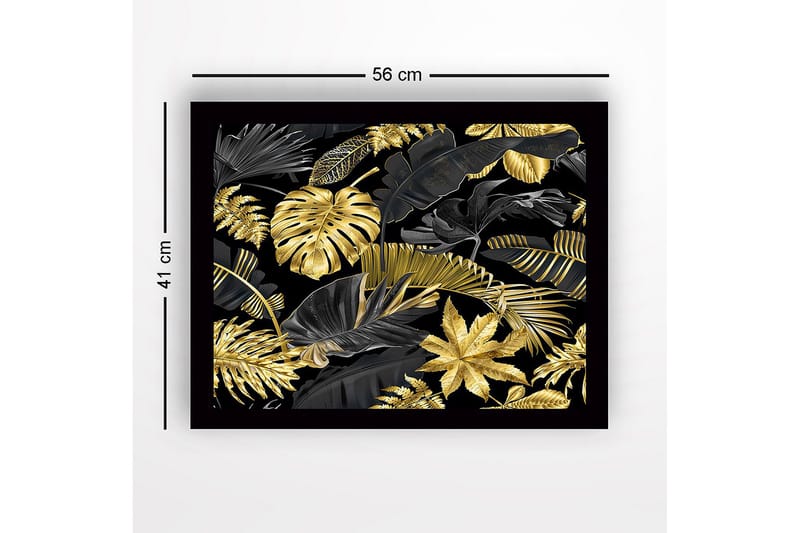 Indrammet lærredstryk i træ - 41x56 cm - Luksuriøs samling af tropiske blade i guld og sort - Guld / Sort - Boligtilbehør - Billeder & kunst