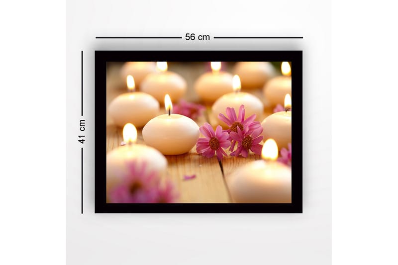Indrammet lærredstryk i træ - 41x56 cm - Lysende duftlys omgivet af blomster - Lys pink / Hvid / Beige - Boligtilbehør - Billeder & kunst