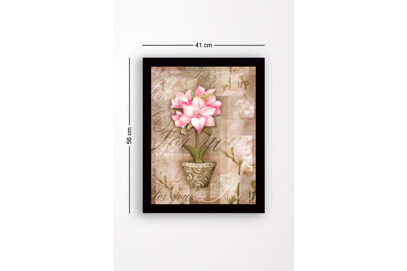 Indrammet lærredstryk i træ - 41x56 cm - Lyserød blomst i potte med bløde baggrundstoner - Lyserød / Beige / Grøn - Boligtilbehør - Billeder & kunst