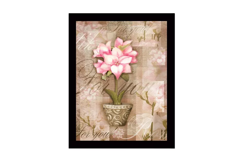 Indrammet lærredstryk i træ - 41x56 cm - Lyserød blomst i potte med bløde baggrundstoner, Lyserød / Beige / Grøn