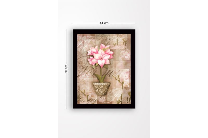 Indrammet lærredstryk i træ - 41x56 cm - Lyserød blomst i potte med bløde baggrundstoner - Lyserød / Beige / Grøn - Boligtilbehør - Billeder & kunst