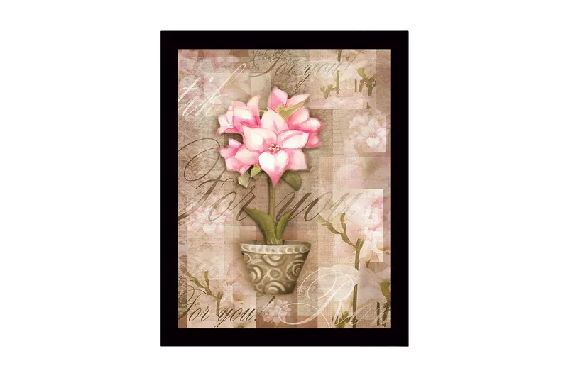 Indrammet lærredstryk i træ - 41x56 cm - Lyserød blomst i potte med bløde baggrundstoner, Lyserød / Beige / Grøn