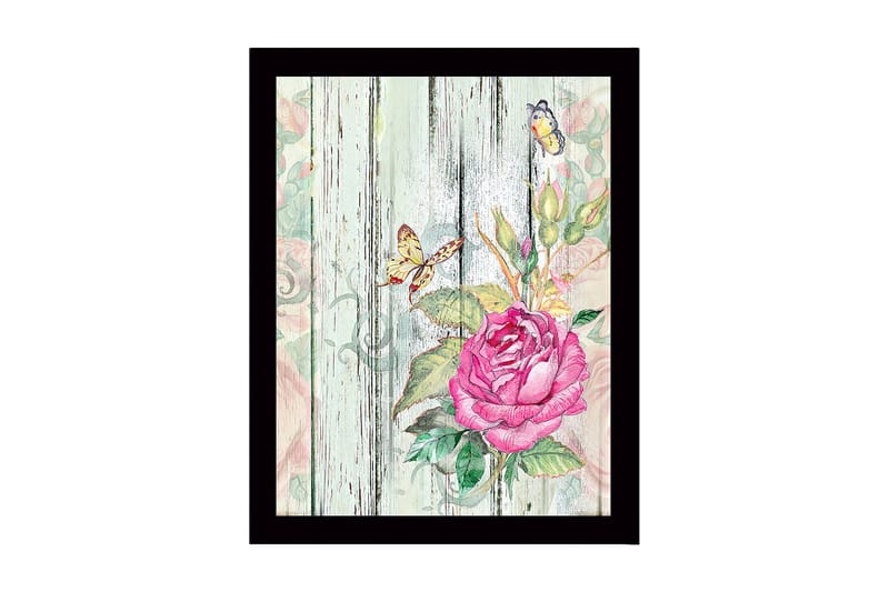 Indrammet lærredstryk i træ - 41x56 cm - Lyserød blomst med sommerfugle på en træbaggrund, Lyserød / Grøn / Beige