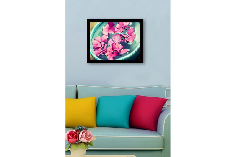 Indrammet lærredstryk i træ - 41x56 cm - Lyserøde blomster flyder i en skål med vand - Lyserød / Turkis / Grøn - Boligtilbehør - Billeder & kunst