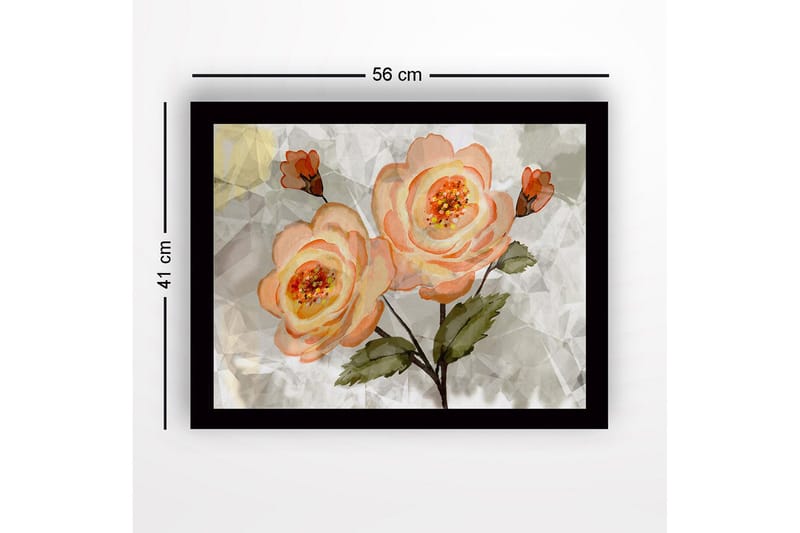 Indrammet lærredstryk i træ - 41x56 cm - Lyserøde blomster med grønne blade - Lys pink / Grøn / Beige - Boligtilbehør - Billeder & kunst