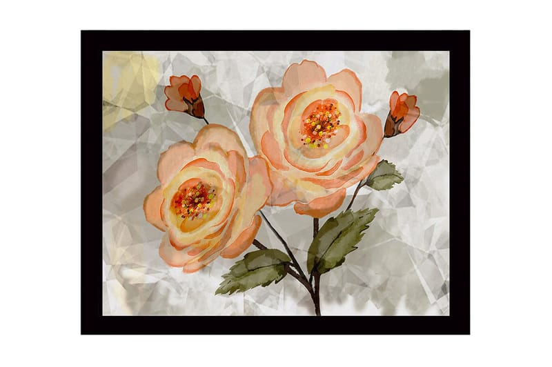 Indrammet lærredstryk i træ - 41x56 cm - Lyserøde blomster med grønne blade, Lys pink / Grøn / Beige