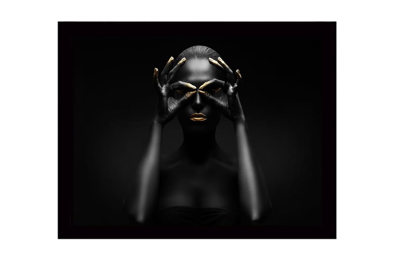 Indrammet lærredstryk i træ - 41x56 cm - Mørk silhuet af en kvinde med gyldne detaljer, der danner en maske, Sort / Guld