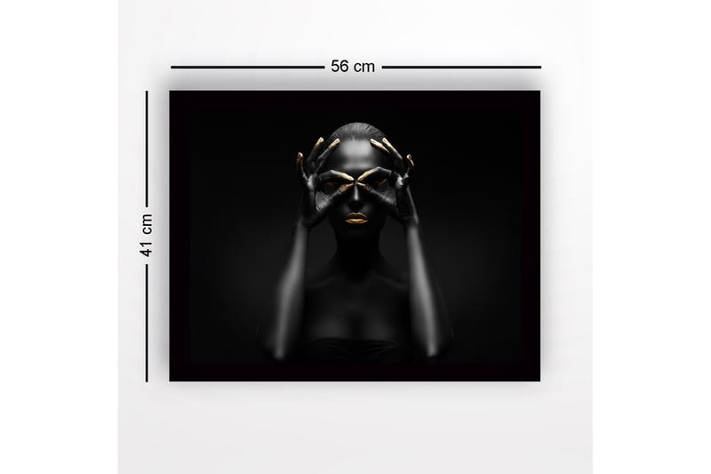 Indrammet lærredstryk i træ - 41x56 cm - Mørk silhuet af en kvinde med gyldne detaljer, der danner en maske - Sort / Guld - Boligtilbehør - Billeder & kunst