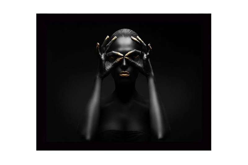 Indrammet lærredstryk i træ - 41x56 cm - Mørk silhuet af en kvinde med gyldne detaljer, der danner en maske, Sort / Guld
