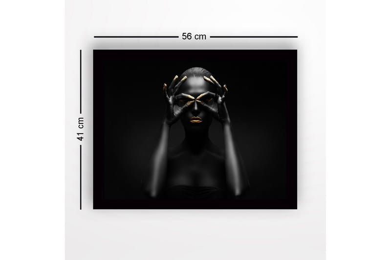 Indrammet lærredstryk i træ - 41x56 cm - Mørk silhuet af en kvinde med gyldne detaljer, der danner en maske - Sort / Guld - Boligtilbehør - Billeder & kunst