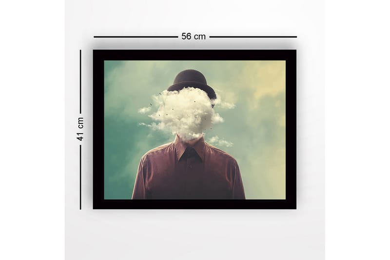 Indrammet lærredstryk i træ - 41x56 cm - Mand med et overskyet hoved svævende over en drømmeagtig baggrund - Grøn / Brun / Hvid - Boligtilbehør - Billeder & kunst