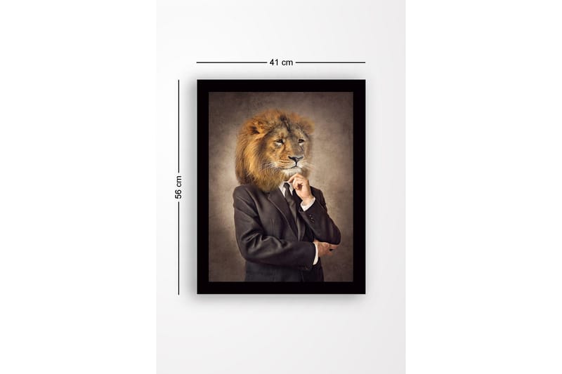 Indrammet lærredstryk i træ - 41x56 cm - Mand med løvehoved i jakkesæt - Beige / Mørkebrun / Sort - Boligtilbehør - Billeder & kunst