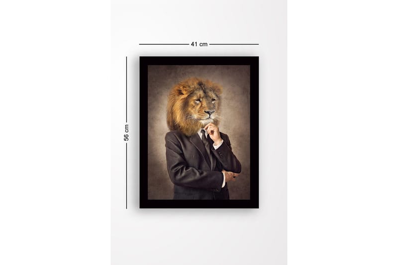 Indrammet lærredstryk i træ - 41x56 cm - Mand med løvehoved i jakkesæt - Beige / Mørkebrun / Sort - Boligtilbehør - Billeder & kunst