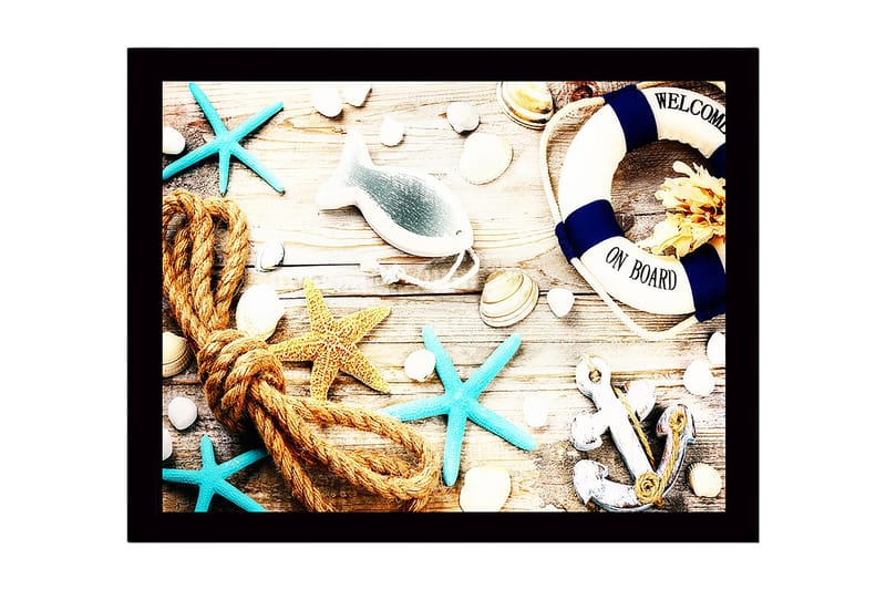 Indrammet lærredstryk i træ - 41x56 cm - Maritim ro med skaller, stjerner og en redningskrans, Blå / Beige / Orange