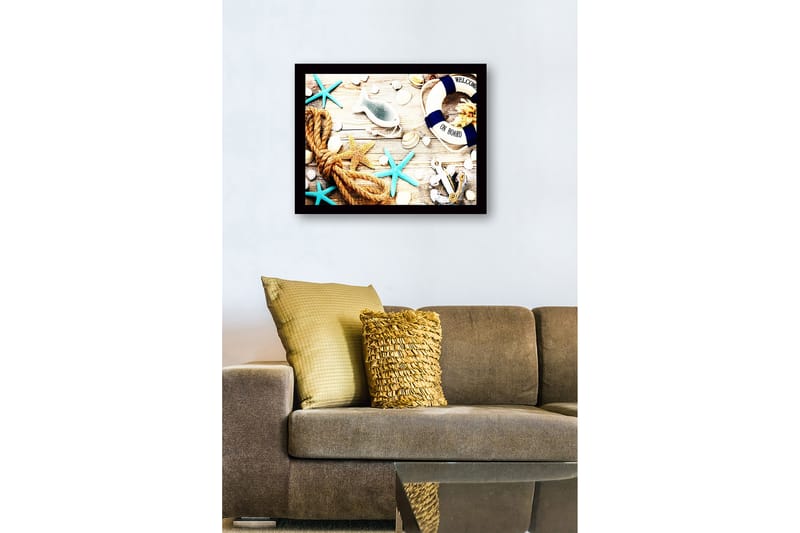 Indrammet lærredstryk i træ - 41x56 cm - Maritim ro med skaller, stjerner og en redningskrans - Blå / Beige / Orange - Boligtilbehør - Billeder & kunst